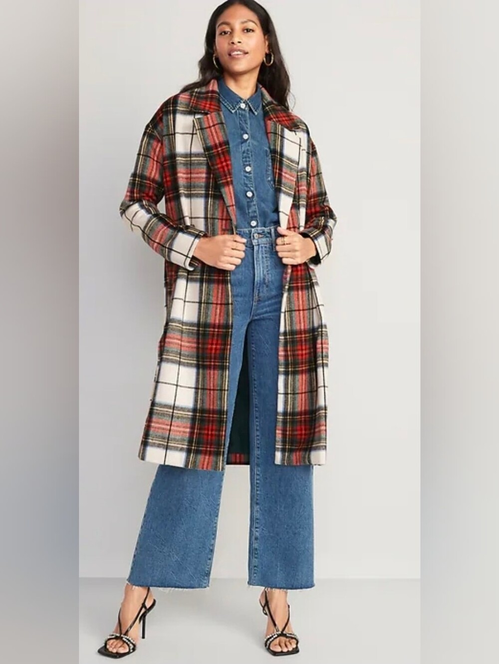 Old Navy Red & Cream Plaid Longline Trench Coat